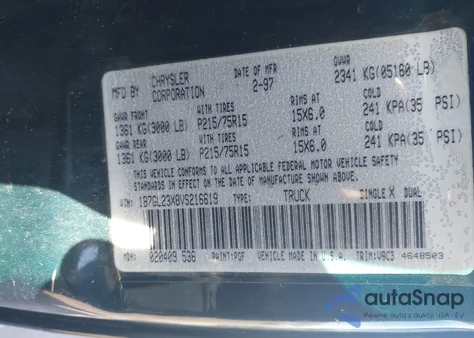 1997 Dodge Dakota from USA, damaged, VIN 1B7GL23XVS216619